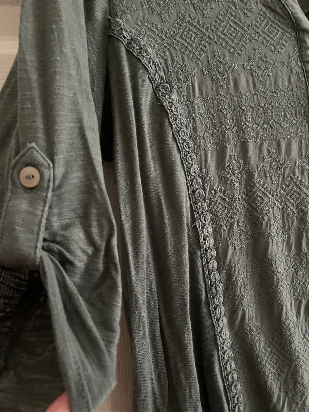 Democracy Olive Green Embroidered Button-Front Henley Blouse - Picture 3 of 7